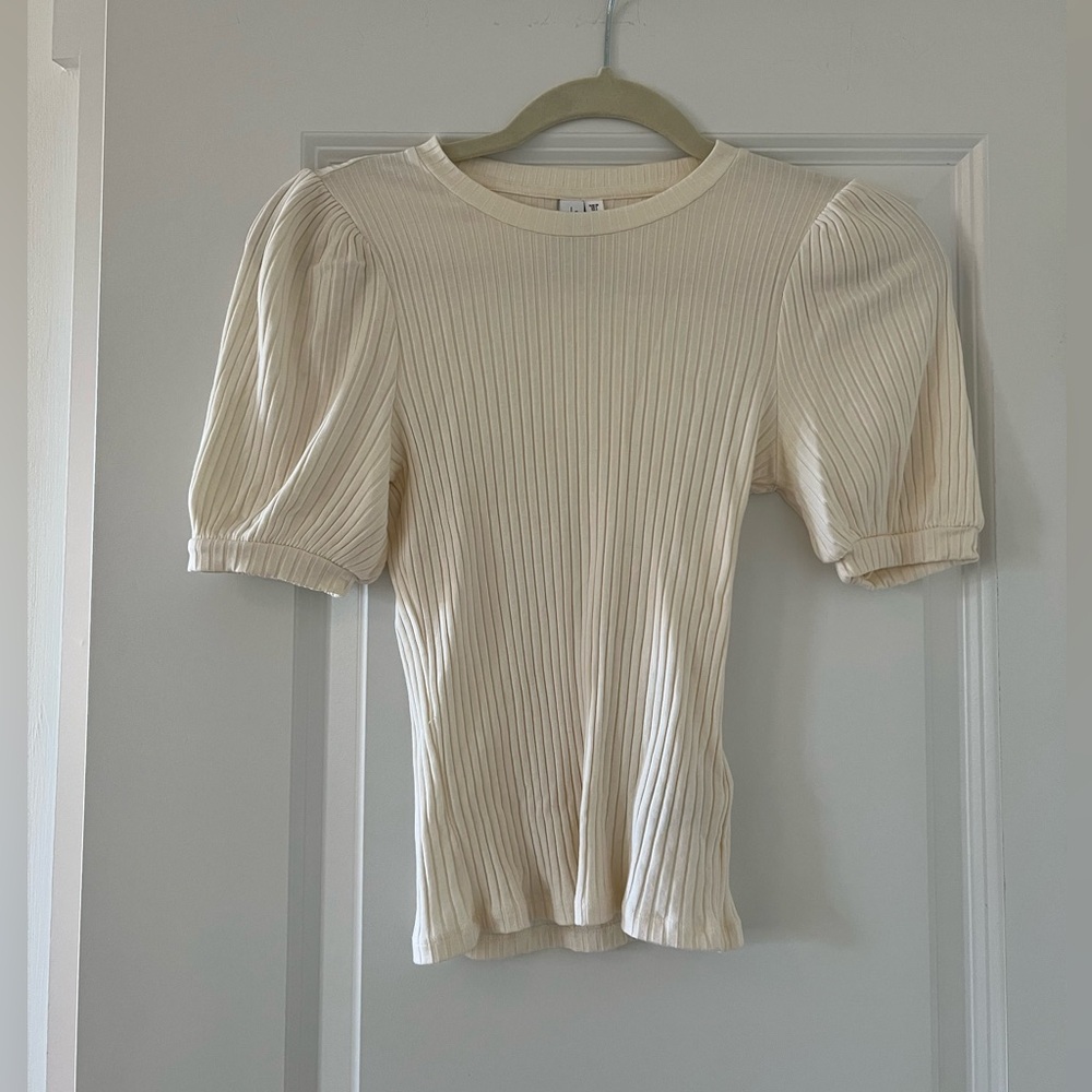 & Other Stories Ribbed Puff Sleeve Top- Cream